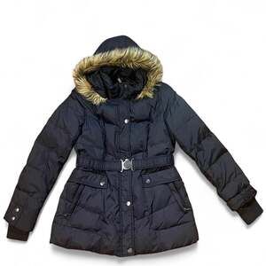 DKNY Women’s Blue Down Puffer Jacket Faux Fur Hood Size M Winter Coat